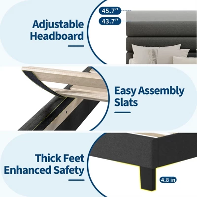 King Bed Frame Platform Bed With Adjustable Headboard, Linen Fabric Upholstered And Wooden Slats Support, Easy Assembly, Dark Grey 8 King Bed Frame Platform Bed With Adjustable Headboard, Linen Fabric Upholstered And Wooden Slats Support, Easy Assembly, Dark Grey - Image 6