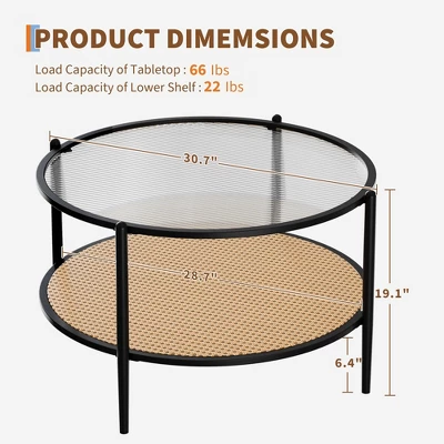 30" Rattan Coffee Table, 2-Tier Round End Table With Storage, Round Water-Wave Glass Metal Center Tables 3 30" Rattan Coffee Table, 2-Tier Round End Table With Storage, Round Water-Wave Glass Metal Center Tables