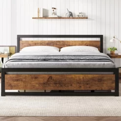 Full Size Bed Frame, 14 Inch King Size Bed Platform Industrial With Headboard No Box Spring Needed, Easy Assemble Mattress Bedframe Retro Brown -Garvee GUEST 5ca40b3e bf84 4db8 b00f 964b32a04183