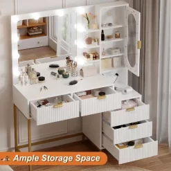 Wavy Stripes Vanity Desk With Mirror & Power Outlet, Makeup Dressing Table With 5 Drawers For Bedroom -Garvee GUEST 5d0adaf2 2f6e 403e b1aa b1aa72e4b7c4