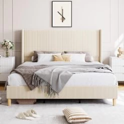 Bed Frame, Corduroy Upholstered Queen Bed Frame With Wingback Headboard, No Box Spring Needed, Solid Wooden Slats, Noise Free 21 Bed Frame, Corduroy Upholstered Queen Bed Frame With Wingback Headboard, No Box Spring Needed, Solid Wooden Slats, Noise Free -Garvee GUEST 5d6911f0 f874 4fc3 b383 69b99f1fe650 1