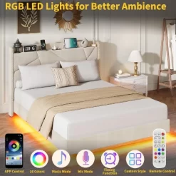 Full/Queen Size Floating Bed Frame With RGB LED Lights & Charging Station - Upholstered Suspended Bed, Storage Headboard, No Box Spring Needed 11 Full/Queen Size Floating Bed Frame With RGB LED Lights & Charging Station - Upholstered Suspended Bed, Storage Headboard, No Box Spring Needed -Garvee GUEST 5db47987 64e4 4ef0 92ec 70714f2f7e79