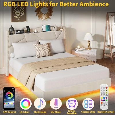 Full/Queen Size Floating Bed Frame With RGB LED Lights & Charging Station - Upholstered Suspended Bed, Storage Headboard, No Box Spring Needed 5 Full/Queen Size Floating Bed Frame With RGB LED Lights & Charging Station - Upholstered Suspended Bed, Storage Headboard, No Box Spring Needed - Image 3