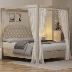Upholstered Canopy Bed Frame With Headboard, Button Tufted, Nailhead Trim Design, No Box Spring Required 10 Upholstered Canopy Bed Frame With Headboard, Button Tufted, Nailhead Trim Design, No Box Spring Required -Garvee GUEST 5e6378c4 0823 4503 a827 6683856cc551