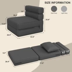 Folding Sofa Bed, Single Sleeper Chair With Memory Foam, Linen Fabric Convertible Couch, Foldable Floor Sofa For Living Room, Bedroom