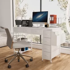 47" Computer Desk With 7 Drawers, Reversible Writing Table Workstation, Work Desk Gaming Table With Metal Frame For Home Office -Garvee GUEST 5e9edcec f500 4547 9adb 8cd01cb8425e
