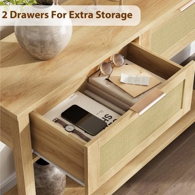 Entryway Table With Drawers, Rattan Console Table With Storage, Boho 2-Tier Sofa Table For Living Room And Hallway 8 Entryway Table With Drawers, Rattan Console Table With Storage, Boho 2-Tier Sofa Table For Living Room And Hallway - Image 6