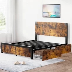 Full Size Bed Frame With 4 Storage Drawers And Headboard, Rustic Vintage Wood And Metal Bed Frame With Large Storage Space -Garvee GUEST 5f3e3ec3 6f0e 43e9 928f 470d72580bd7