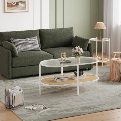 2-Tier Rattan Coffee Table, Boho Oval Coffe Table With Tempered Glass Top 9 2-Tier Rattan Coffee Table, Boho Oval Coffe Table With Tempered Glass Top - Image 7
