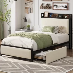 Bed Frame With 2 Storage Drawers And Charging Station, Rustic Velvet Upholstered Platform Bedframe With Storage Headboard, No Box Spring Needed -Garvee GUEST 5fa4b283 d9d0 4790 b6d7 d6f7c50fcfb9