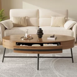 Oval Coffee Table Mid-Century Modern Center Table With Drawer Wooden Coffee Table With Storage And Cross Metal Legs -Garvee GUEST 5fc4a6d4 6278 4929 85be 04b5ed3f4263