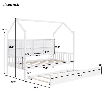 Solid Wooden Twin Size House Bed With Trundle, Storage Shelves, Kids Bed, No Box Spring Needed 6 Solid Wooden Twin Size House Bed With Trundle, Storage Shelves, Kids Bed, No Box Spring Needed - Image 4