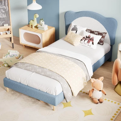 Twin/Full Size Princess Bed Frame For Kids - Adjustable Scallop Headboard, Velvet Upholstered, No Box Spring Needed 3 Twin/Full Size Princess Bed Frame For Kids - Adjustable Scallop Headboard, Velvet Upholstered, No Box Spring Needed