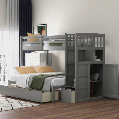 Twin Over Twin/Full Size Bunk Bed With Storage Shelves Drawers, Wooden Stairway Bunkbed Bed Frame With Convertible Bottom Beds For Kids Teens Bedroom 6 Twin Over Twin/Full Size Bunk Bed With Storage Shelves Drawers, Wooden Stairway Bunkbed Bed Frame With Convertible Bottom Beds For Kids Teens Bedroom - Image 4