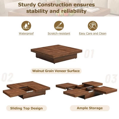 39.4" Sliding Top Coffee Table, Slide Table With 4 Storage Compartments, Farmhouse Square Marble Veneer Coffee Table With Large Storage Spaces 4 39.4" Sliding Top Coffee Table, Slide Table With 4 Storage Compartments, Farmhouse Square Marble Veneer Coffee Table With Large Storage Spaces - Image 2