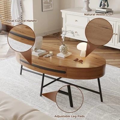 Oval Coffee Table With Drawer Mid-Century Modern Center Table 47.2“ Wooden Coffee Table With Storage 6 Oval Coffee Table With Drawer Mid-Century Modern Center Table 47.2“ Wooden Coffee Table With Storage - Image 4
