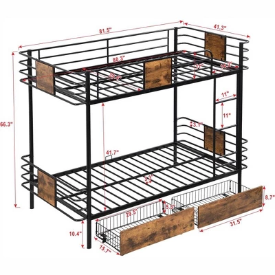 Twin XL Over Twin XL Bunk Bed With 2 Storage Drawers Guardrail Metal Bunk Bed Frame For Kids Teens Bedroom No Box Spring Needed 3 Twin XL Over Twin XL Bunk Bed With 2 Storage Drawers Guardrail Metal Bunk Bed Frame For Kids Teens Bedroom No Box Spring Needed