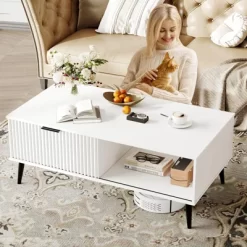 Garvee Fluted Coffee Table With Storage, Mid Century Dining Table With Sliding Door Panel And Wood Legs, Small Coffee Tables For Living Room -Garvee GUEST 6235c5c9 752b 4f8f aae1 893d32c7994f