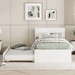 Modern Twin Bed Frame With Twin Trundle, Solid Wood Platform Bed With Headboard, No Box Spring Needed, Wooden Slats Supports, White -Garvee GUEST 632db040 476a 4839 8b68 436535e6fb95