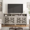 Farmhouse TV Stand For 80 Inch, Mid Century Modern Entertainment Center With LED Lights And Storage, Wooden Media Cabinet Furniture