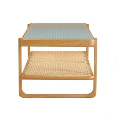 Modern Rattan Coffee Table,Rectangular Center Table With Tempered Glass Tabletop,2 Tier Wood Tea Table For Living Room Office Bedroom 9 Modern Rattan Coffee Table,Rectangular Center Table With Tempered Glass Tabletop,2 Tier Wood Tea Table For Living Room Office Bedroom - Image 7