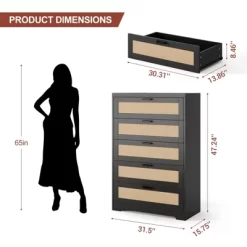 Tall Rattan Dresser With 5 Drawers,Wooden Spacious Storage Chest Of Drawers With Wide Top,Handles,Easy To Assemble,Modern Dresser