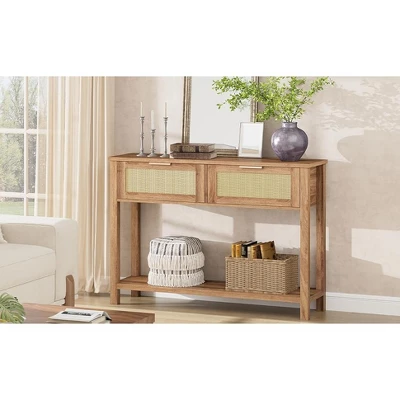 Entryway Table With Drawers, Rattan Console Table With Storage, Boho 2-Tier Sofa Table For Living Room And Hallway 11 Entryway Table With Drawers, Rattan Console Table With Storage, Boho 2-Tier Sofa Table For Living Room And Hallway - Image 9