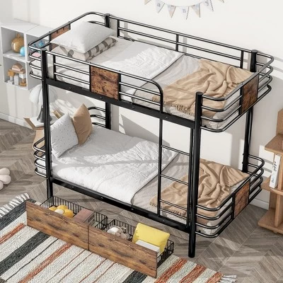 Twin XL Over Twin XL Bunk Bed With 2 Storage Drawers Guardrail Metal Bunk Bed Frame For Kids Teens Bedroom No Box Spring Needed 8 Twin XL Over Twin XL Bunk Bed With 2 Storage Drawers Guardrail Metal Bunk Bed Frame For Kids Teens Bedroom No Box Spring Needed - Image 6