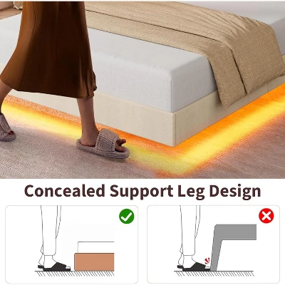 Full/Queen Size Floating Bed Frame With RGB LED Lights & Charging Station - Upholstered Suspended Bed, Storage Headboard, No Box Spring Needed 8 Full/Queen Size Floating Bed Frame With RGB LED Lights & Charging Station - Upholstered Suspended Bed, Storage Headboard, No Box Spring Needed - Image 6