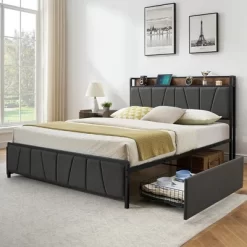 Whizmax Four Size Bed Frame With 2 Storage Drawers And Charging Station, Rustic Linen Upholstered Platform Bed Frame With Storage Headboard, Gray 18 Whizmax Four Size Bed Frame With 2 Storage Drawers And Charging Station, Rustic Linen Upholstered Platform Bed Frame With Storage Headboard, Gray -Garvee GUEST 65c29b3a a8d2 4341 93b7 be319892375a