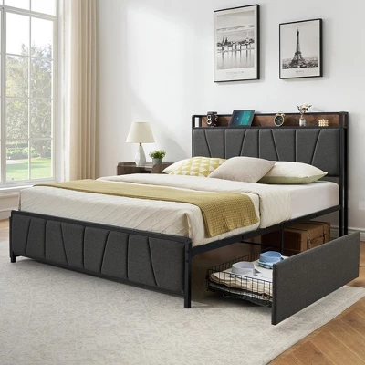 Whizmax Four Size Bed Frame With 2 Storage Drawers And Charging Station, Rustic Linen Upholstered Platform Bed Frame With Storage Headboard, Gray 10 Whizmax Four Size Bed Frame With 2 Storage Drawers And Charging Station, Rustic Linen Upholstered Platform Bed Frame With Storage Headboard, Gray - Image 8