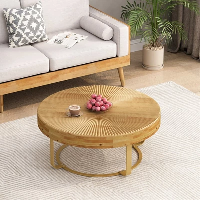 Center Tables, Modern Round Coffee Table Wooden Carving Pattern Coffee Table With Metal Legs For Living Room Reception Room Office 4 Center Tables, Modern Round Coffee Table Wooden Carving Pattern Coffee Table With Metal Legs For Living Room Reception Room Office - Image 2