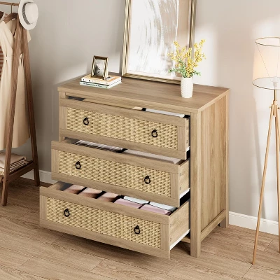 Rattan 3 Dresser For Bedroom, 29" Boho Tall Drawer Dresser With Storage, Wooden Closet Dressers Chest Of Drawers Freestanding For Home, Natural 3 Rattan 3 Dresser For Bedroom, 29" Boho Tall Drawer Dresser With Storage, Wooden Closet Dressers Chest Of Drawers Freestanding For Home, Natural