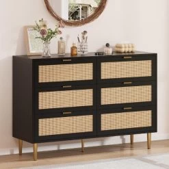 Rattan 6 Drawer Dresser, Wide Double Dresser With Gold Handles & Legs, Modern Chest With Large Storage For Bedroom Or Living Room -Garvee GUEST 66802134 db83 47d5 9d37 a96f7f64626c
