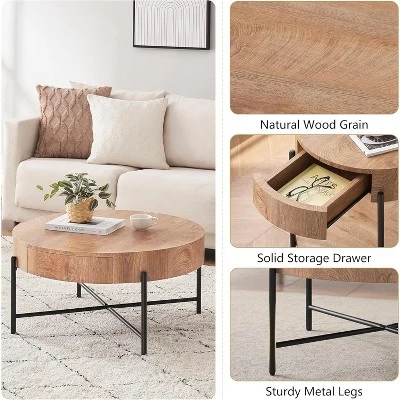 Round Coffee Table With Drawers Circle Living Room Table Wood Accent Coffee Table 4 Round Coffee Table With Drawers Circle Living Room Table Wood Accent Coffee Table - Image 2