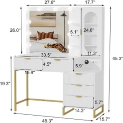 Wavy Stripes Vanity Desk With Mirror & Power Outlet, Makeup Dressing Table With 5 Drawers For Bedroom