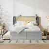 Queen Size Bed Frame With Trundle, Wood Platform Bed With Rattan Headboard & 2 Drawers, Wooden Slats Support, No Box Spring Required