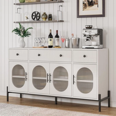 Buffet Cabinet, Sideboard Cabinet With Storage, 62'' Large Buffet Table, With 3 Drawers And 4 Fluted Glass Doors 4 Buffet Cabinet, Sideboard Cabinet With Storage, 62'' Large Buffet Table, With 3 Drawers And 4 Fluted Glass Doors - Image 2