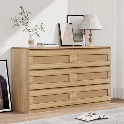 Dresser For Bedroom, Rattan 6/8 Drawer Dresser For Closet, Double Wood Dressers & Chest Of Drawers, For Bedroom/Living Room/Entryway, Natural 7 Dresser For Bedroom, Rattan 6/8 Drawer Dresser For Closet, Double Wood Dressers & Chest Of Drawers, For Bedroom/Living Room/Entryway, Natural - Image 5