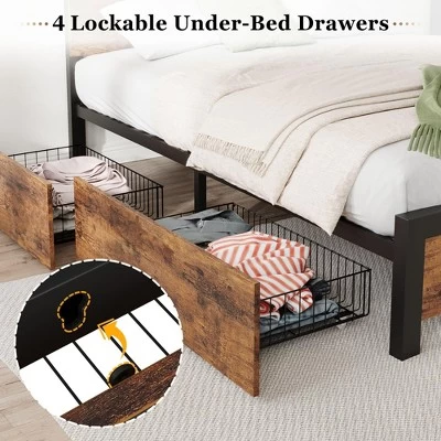 Bed Frame With Storage Drawers - Heavy Duty Metal Platform With Wooden Headboard, No Box Spring Needed, Easy Assembly, Vintage Brown 8 Bed Frame With Storage Drawers - Heavy Duty Metal Platform With Wooden Headboard, No Box Spring Needed, Easy Assembly, Vintage Brown - Image 6