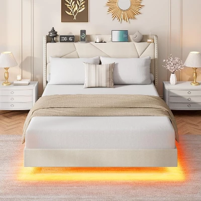 Full/Queen Size Floating Bed Frame With RGB LED Lights & Charging Station - Upholstered Suspended Bed, Storage Headboard, No Box Spring Needed 3 Full/Queen Size Floating Bed Frame With RGB LED Lights & Charging Station - Upholstered Suspended Bed, Storage Headboard, No Box Spring Needed