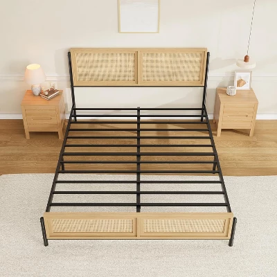Boho Wooden Full/Queen/King Size Bed Frame With Natural Rattan Headboard And Footboard, No Box Spring Needed, Noise-Free Easy Assemble Metal Bedframe 7 Boho Wooden Full/Queen/King Size Bed Frame With Natural Rattan Headboard And Footboard, No Box Spring Needed, Noise-Free Easy Assemble Metal Bedframe - Image 5