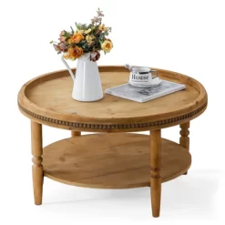 31'' Modern Round Coffee Table, 2 Tier Wooden Center Table With Beaded Trim, Accent Cocktail End Table For Living Room Bedroom Office Brown -Garvee GUEST 6b9739e0 402b 4bdc 9a50 2c8e30968b44