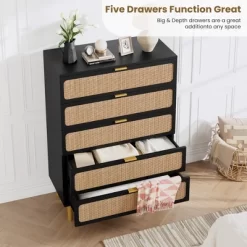 Garvee Rattan 5 Drawer Dresser For Bedroom, Tall Chest With Wide Top And Deep Storage Drawers For Living Room, Hallway, Kids Room -Garvee GUEST 6bd0f61a f511 498e 8706 f16f3e49916d