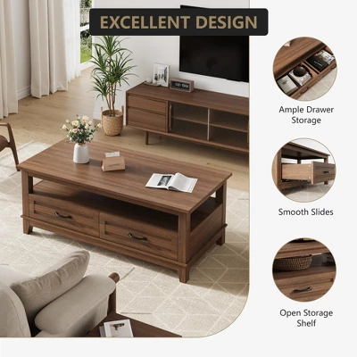 Farmhouse Coffee Table With Drawers, 47.2" Center Table Rustic Coffee Tables White Brown Living Room Table 5 Farmhouse Coffee Table With Drawers, 47.2" Center Table Rustic Coffee Tables White Brown Living Room Table - Image 3