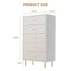 White 5 Drawer Dresser,Tall Narrow Chest Of Drawers,Wooden Skinny Dresser With Gold Metal Handles And Legs,Modern Storage Drawer Cabinet