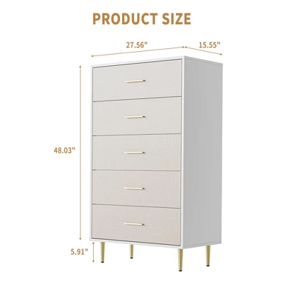 White 5 Drawer Dresser,Tall Narrow Chest Of Drawers,Wooden Skinny Dresser With Gold Metal Handles And Legs,Modern Storage Drawer Cabinet 3 White 5 Drawer Dresser,Tall Narrow Chest Of Drawers,Wooden Skinny Dresser With Gold Metal Handles And Legs,Modern Storage Drawer Cabinet