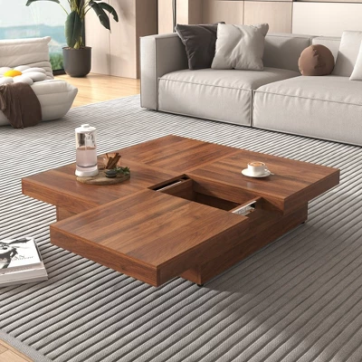 39.4" Sliding Top Coffee Table, Slide Table With 4 Storage Compartments, Farmhouse Square Marble Veneer Coffee Table With Large Storage Spaces 6 39.4" Sliding Top Coffee Table, Slide Table With 4 Storage Compartments, Farmhouse Square Marble Veneer Coffee Table With Large Storage Spaces - Image 4