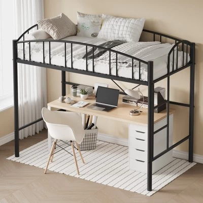 Garvee Loft Bed Twin Size, Heavy Duty Metal Loft Bed Frame With Arched Guardrail And Safety Ladder, Space-Saving, No Box Spring Needed, Black 6 Garvee Loft Bed Twin Size, Heavy Duty Metal Loft Bed Frame With Arched Guardrail And Safety Ladder, Space-Saving, No Box Spring Needed, Black - Image 4