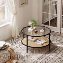 30" Rattan Coffee Table, 2-Tier Round End Table With Storage, Round Water-Wave Glass Metal Center Tables 15 30" Rattan Coffee Table, 2-Tier Round End Table With Storage, Round Water-Wave Glass Metal Center Tables -Garvee GUEST 6dcc4fcc 7fb6 46e6 a456 55a5b75b913f